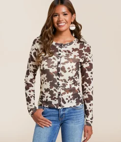 Tops | Willow & Root Cow Print Mesh Shirt Brown Cream