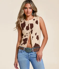 LE LIS Cow Print Sweater Tank Top Cream Brown Clearance