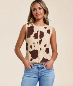 LE LIS Cow Print Sweater Tank Top Cream Brown Clearance