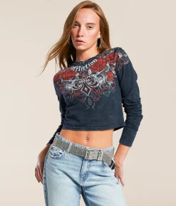 Tops | Affliction Crimson Temple Cropped T-Shirt Black Lava Wash