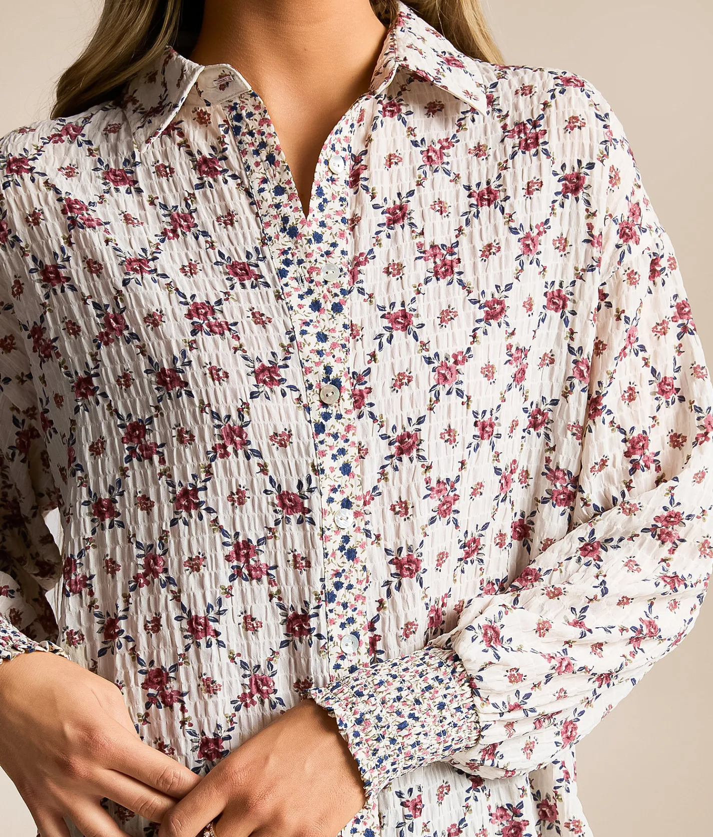 Daytrip Crinkle Floral Oversized Blouse Cream Multi Outlet
