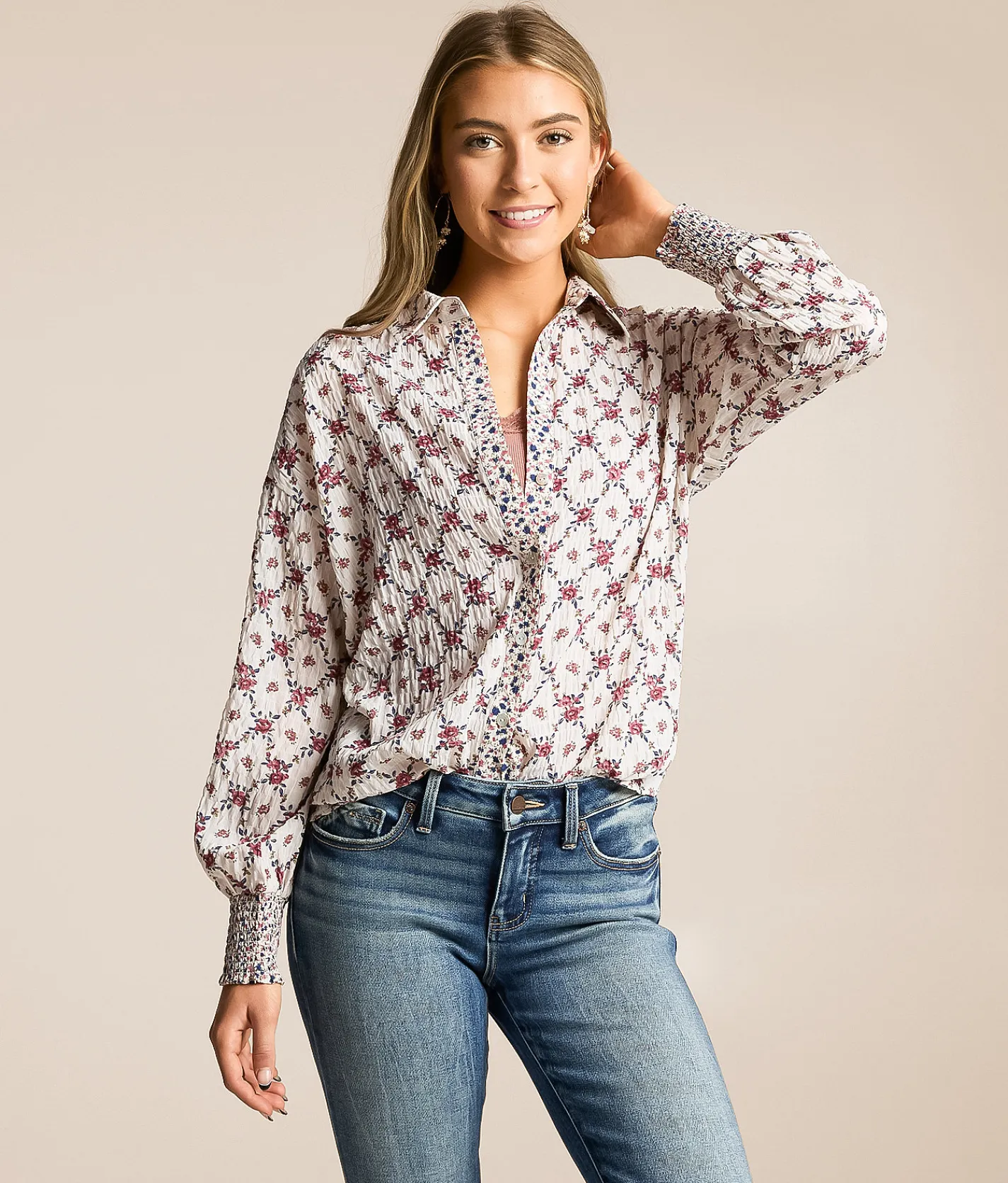 Daytrip Crinkle Floral Oversized Blouse Cream Multi Outlet