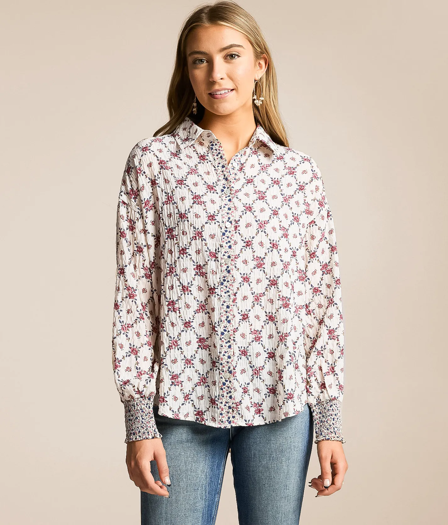 Daytrip Crinkle Floral Oversized Blouse Cream Multi Outlet