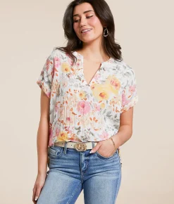 Daytrip Crinkle Floral Top Cream Multi Clearance