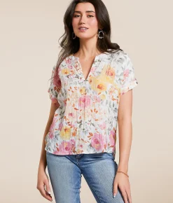 Daytrip Crinkle Floral Top Cream Multi Clearance