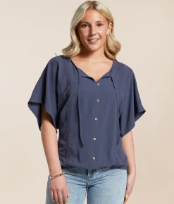 Daytrip Crinkle Front Tie Top Navy Sale
