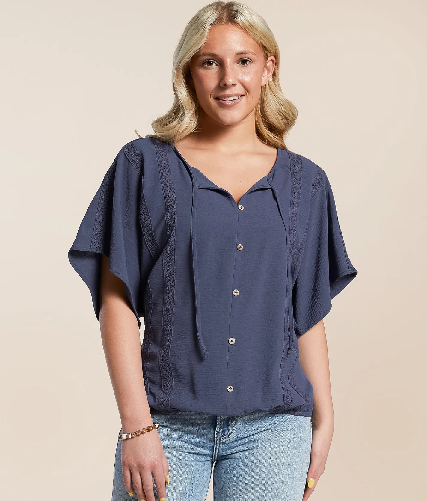 Daytrip Crinkle Front Tie Top Navy Sale