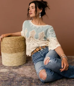 Tops | Gimmicks Crochet Boxy Top Cream Blue