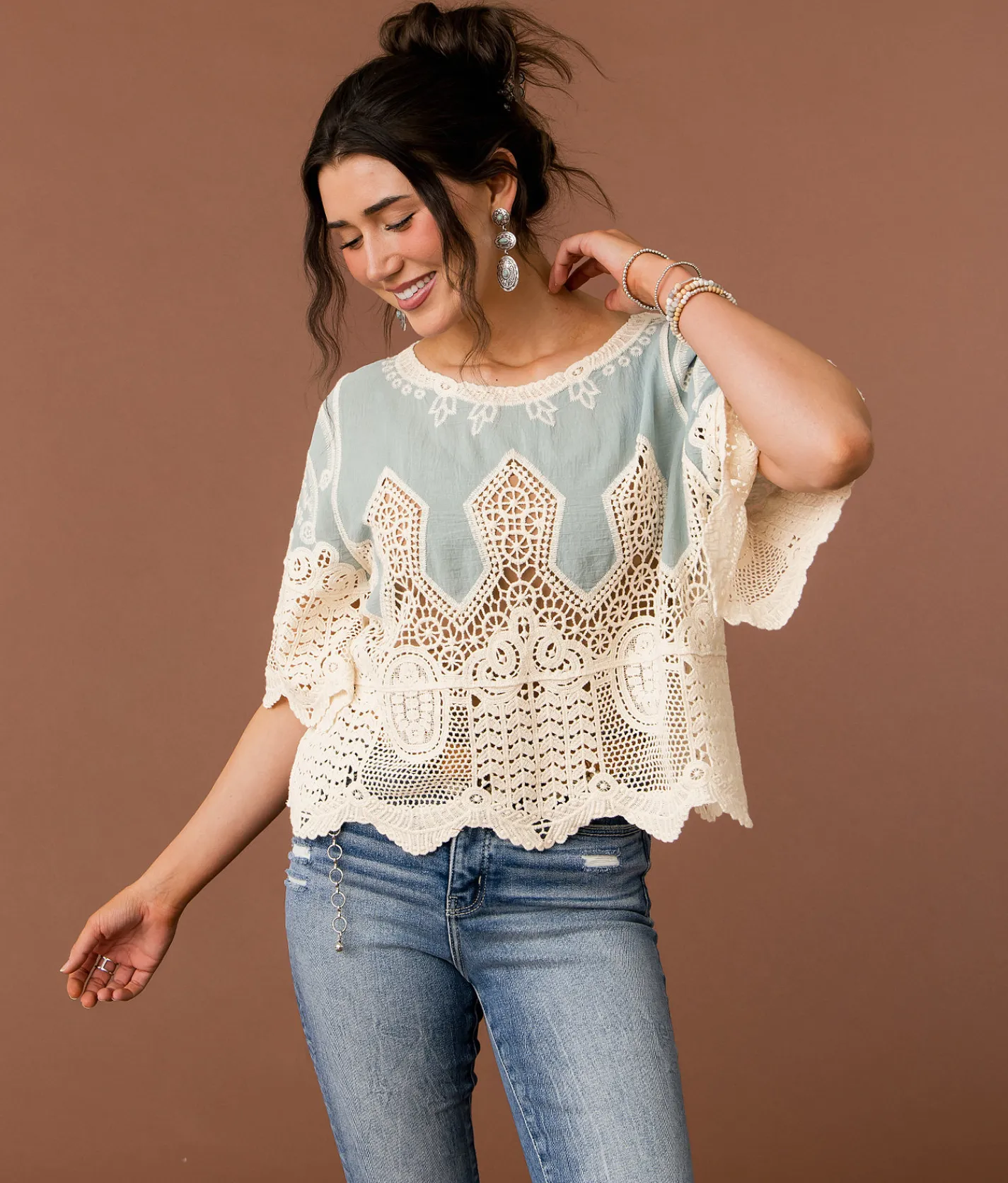 Tops | Gimmicks Crochet Boxy Top Cream Blue