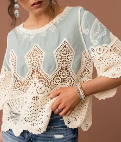 Tops | Gimmicks Crochet Boxy Top Cream Blue