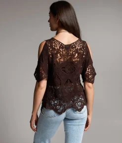 BKE Crochet Cold Shoulder Top Brown Hot