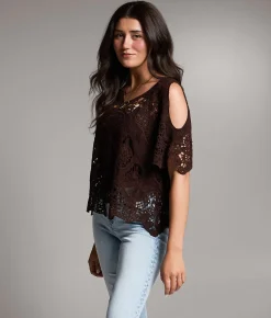 BKE Crochet Cold Shoulder Top Brown Hot