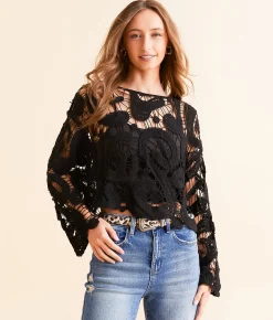 Tops | Veveret Crochet Cropped Sweater Black
