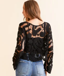 Tops | Veveret Crochet Cropped Sweater Black