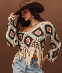 Tops | Sterling & Stitch Crochet Fringe Cropped Sweater Brown Cream Multi
