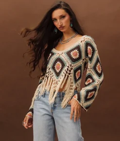 Tops | Sterling & Stitch Crochet Fringe Cropped Sweater Brown Cream Multi