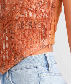 Miss Me Crochet Fringe Hanky Hem Tank Top Rust Orange