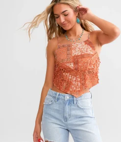 Miss Me Crochet Fringe Hanky Hem Tank Top Rust Orange