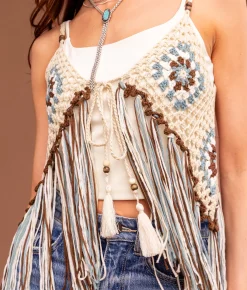 Sterling & Stitch Crochet Fringe Sweater Tank Top Cream Blue