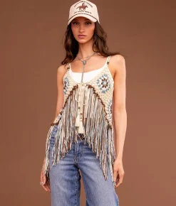 Sterling & Stitch Crochet Fringe Sweater Tank Top Cream Blue