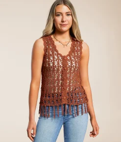 Daytrip Crochet Fringe Sweater Tank Top Henna Best