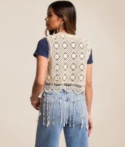 Miss Me Crochet Fringe Vest Natural Discount