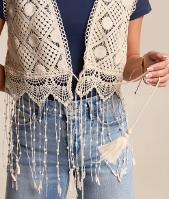 Miss Me Crochet Fringe Vest Natural Discount