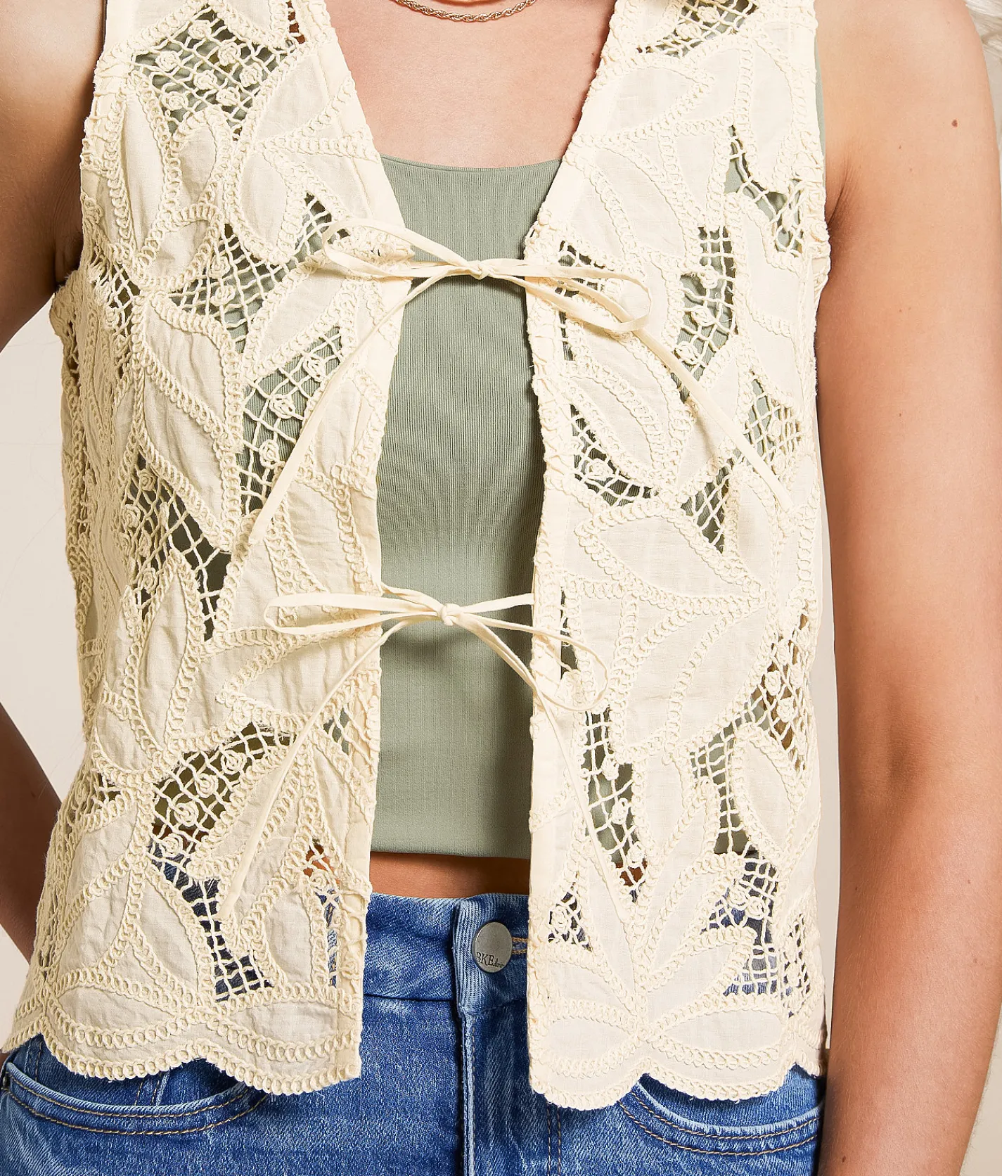 Tops | Willow & Root Crochet Front Tie Tank Top Cream