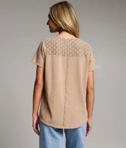 BKE Crochet Henley Top Greige