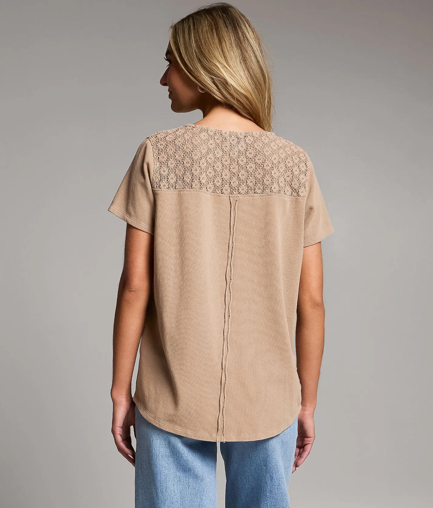 BKE Crochet Henley Top Greige
