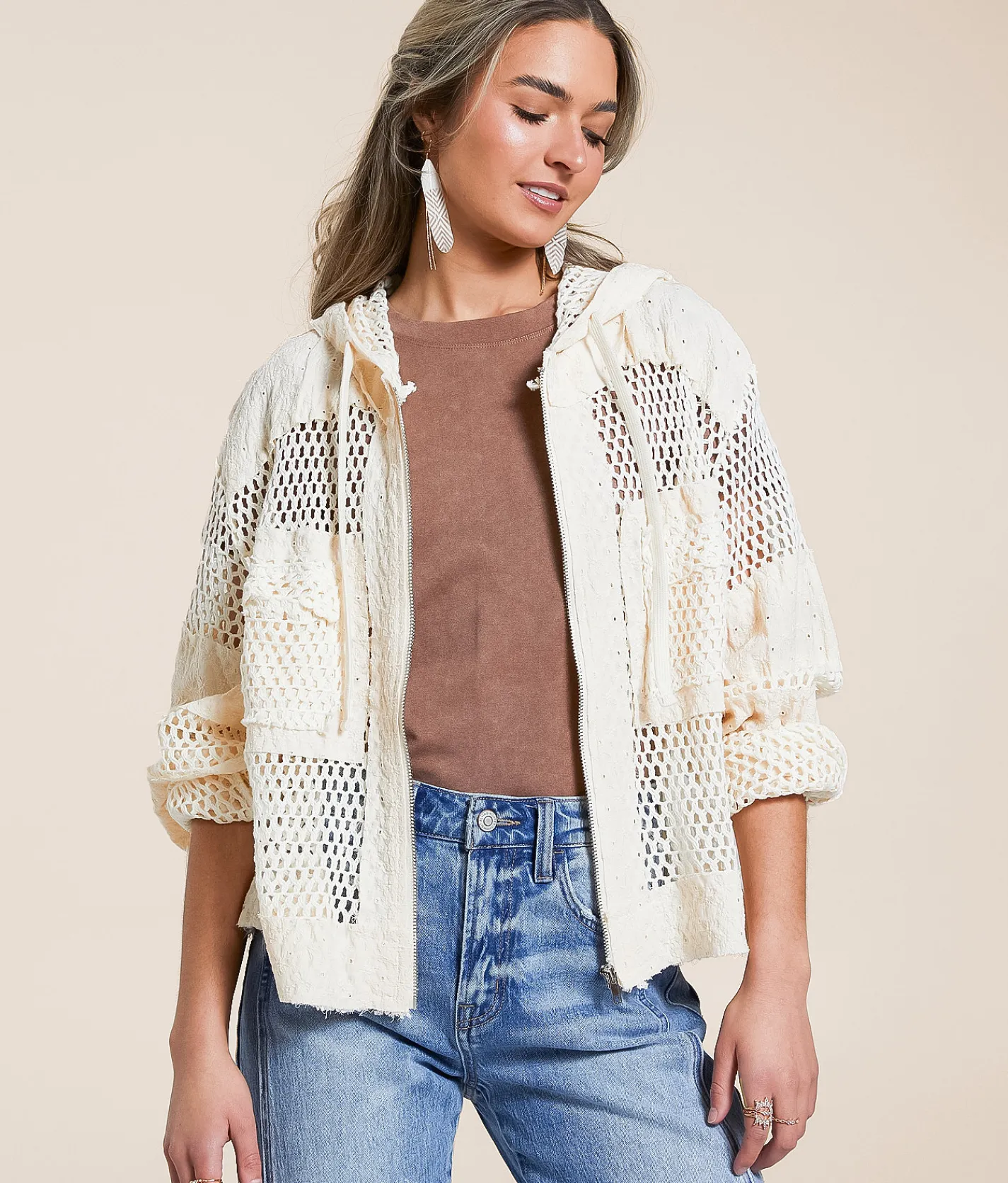 POL Crochet Hooded Jacket Charcoal