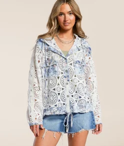 POL Crochet Hooded Shacket Ivory Multi Hot