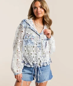 POL Crochet Hooded Shacket Ivory Multi Hot