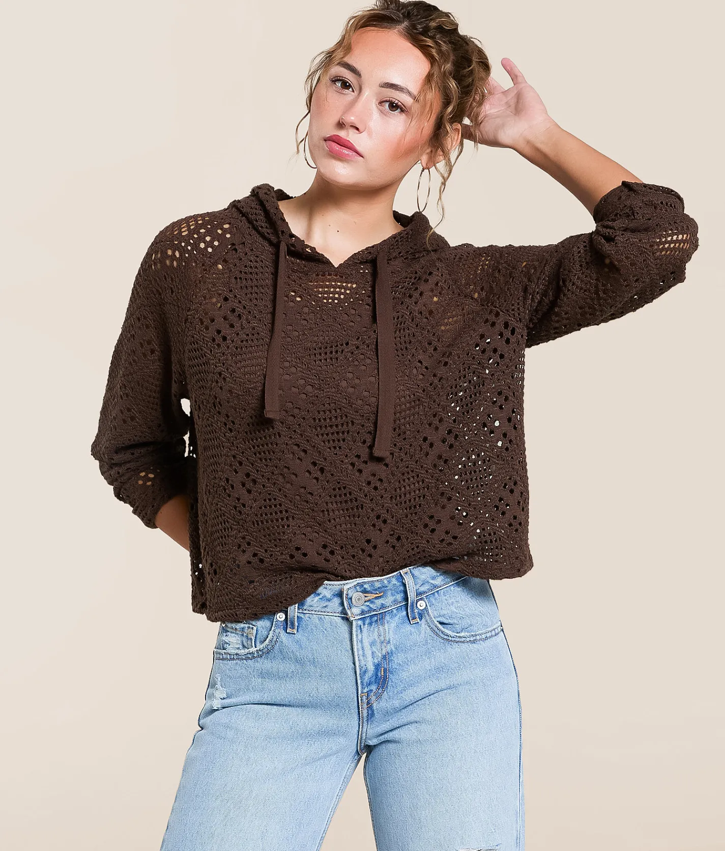 Tops | Gilded Intent Crochet Hoodie Chocolate Martini