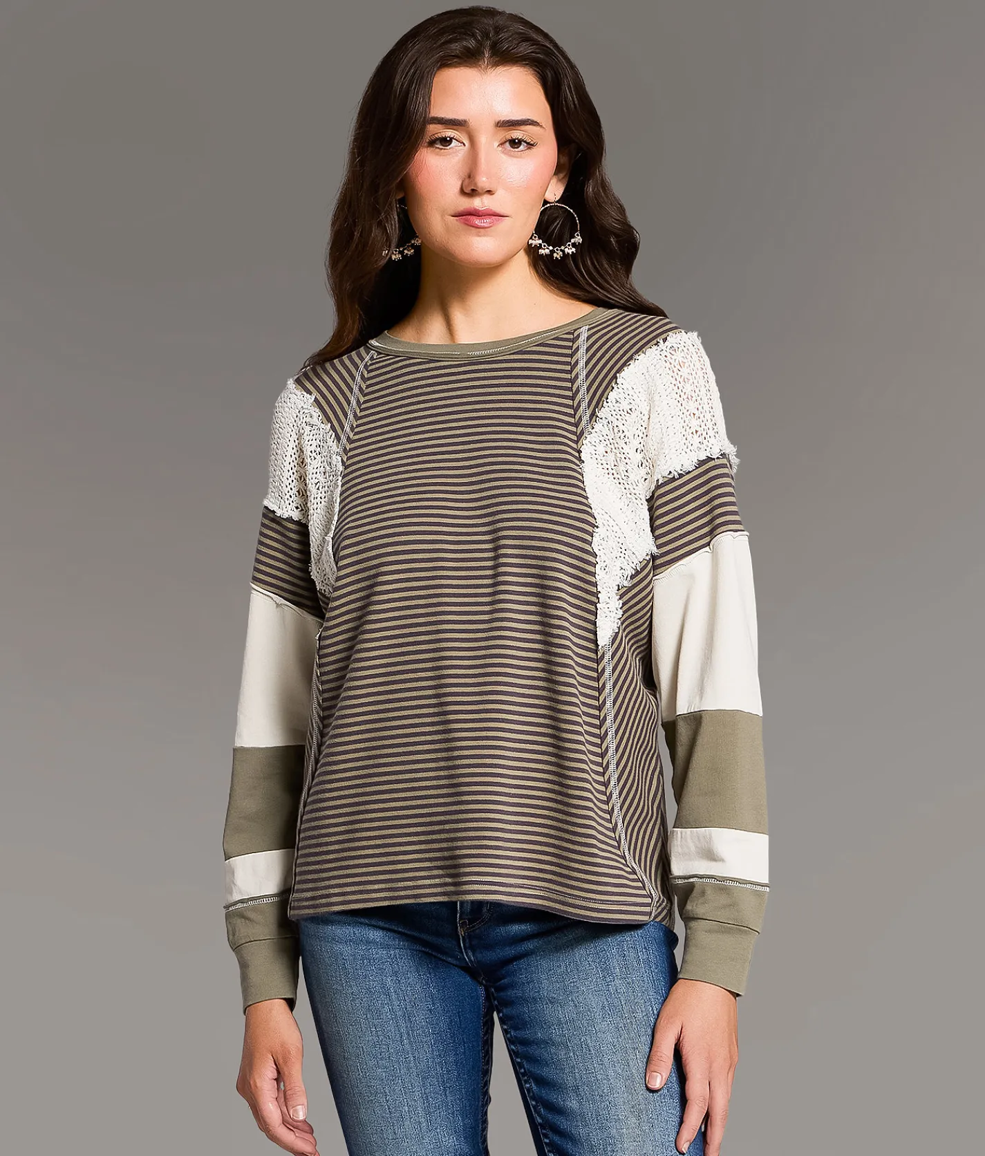 Tops | BKE Crochet Inset Oversized Top Green