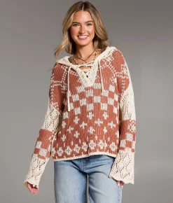 BKE Crochet Jacquard Hooded Sweater Rust Cream Outlet