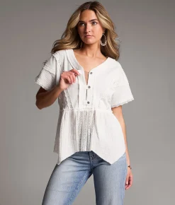 BKE Crochet Lace Peplum Henley White New
