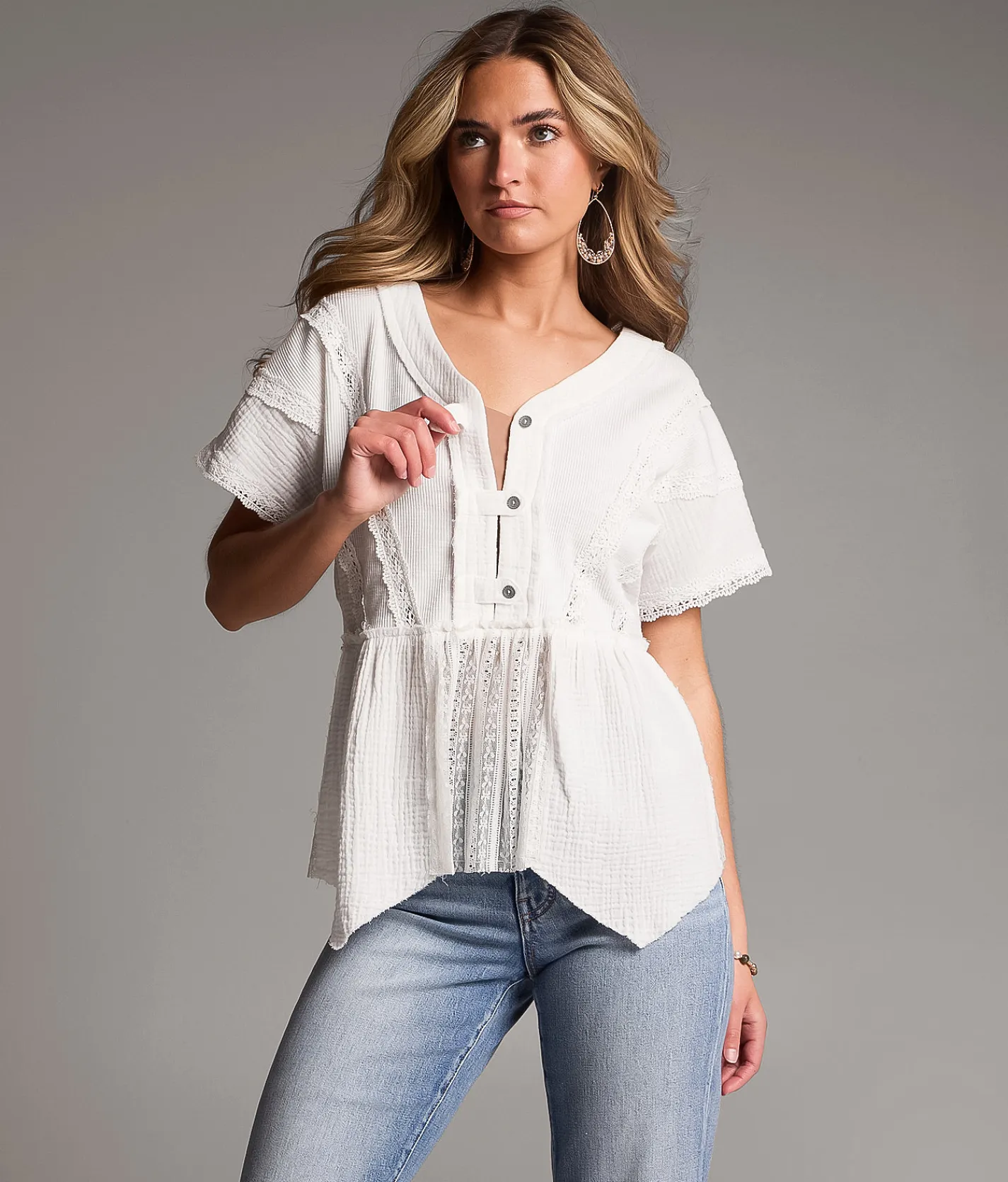 BKE Crochet Lace Peplum Henley White New