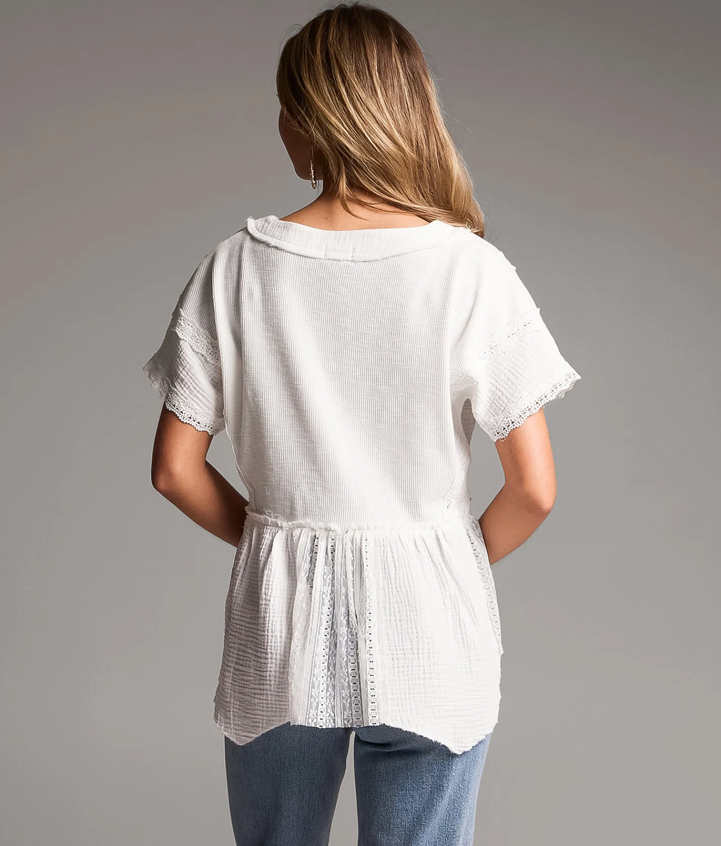 BKE Crochet Lace Peplum Henley White New