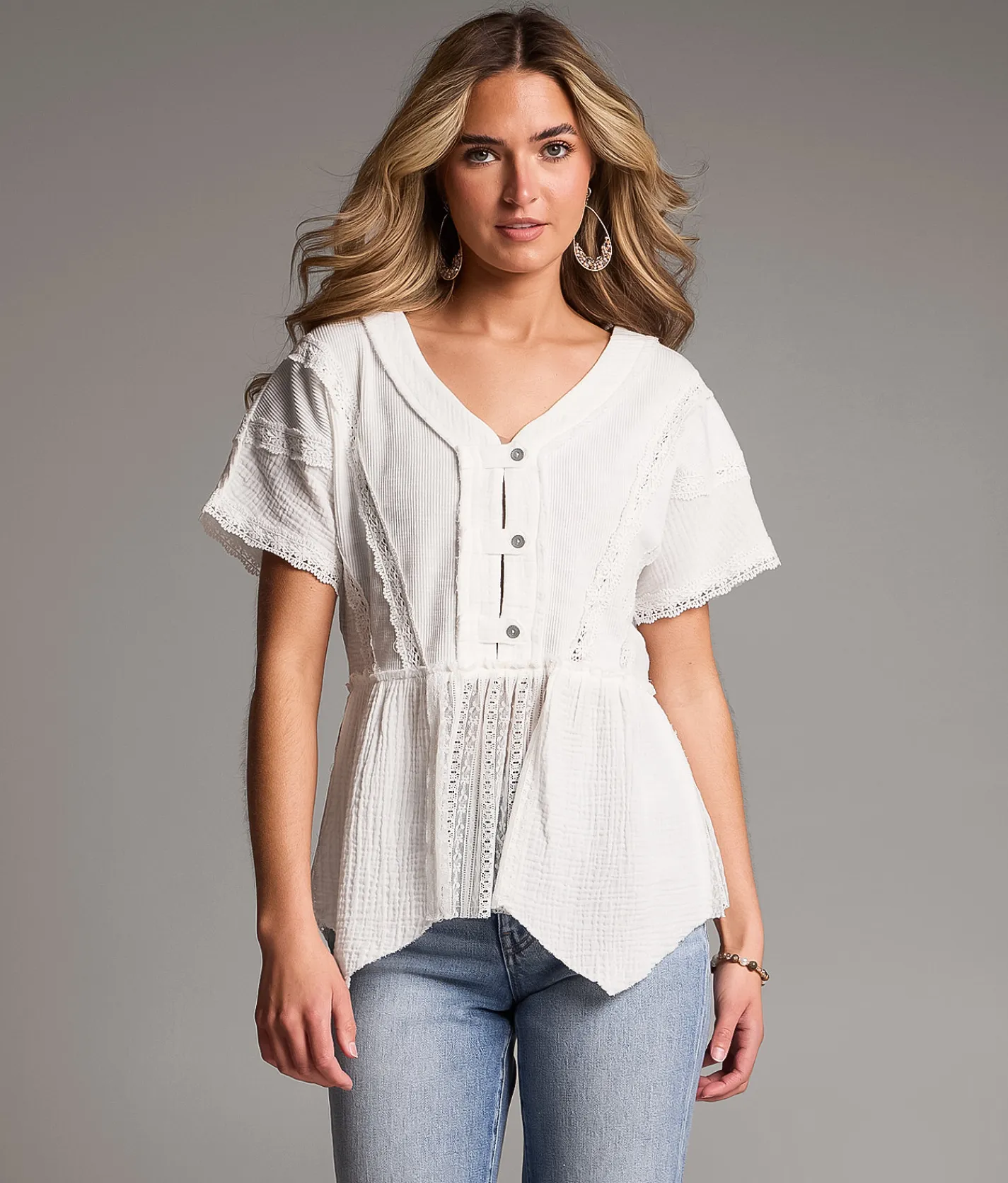 BKE Crochet Lace Peplum Henley White New