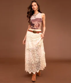 Sterling & Stitch Crochet Midi Skirt Cream Online