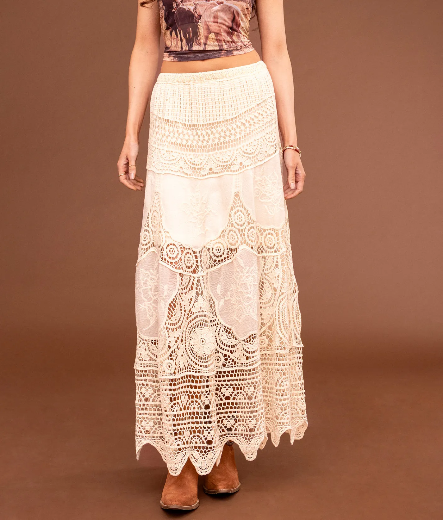 Sterling & Stitch Crochet Midi Skirt Cream Online