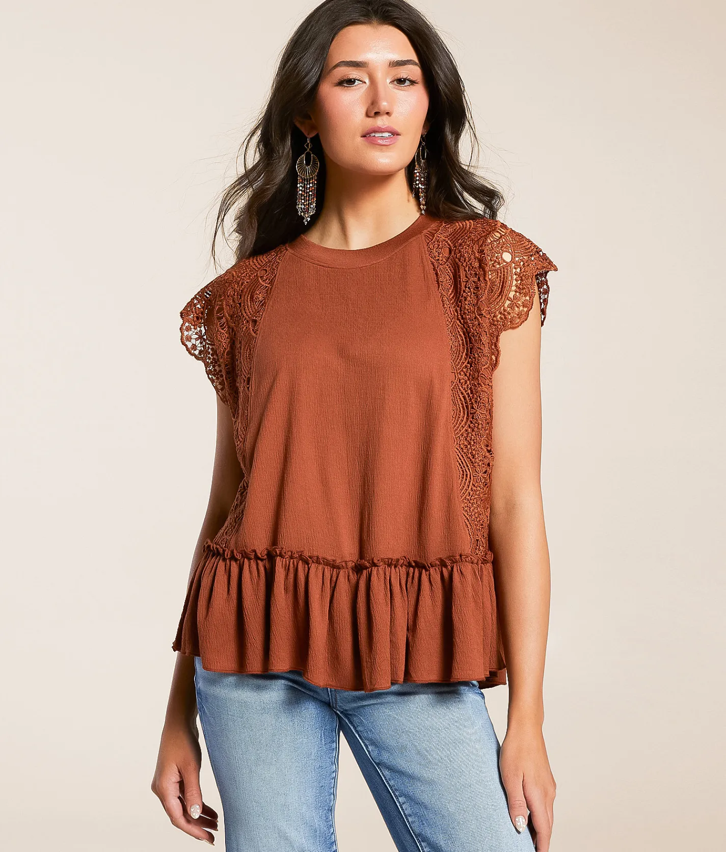Daytrip Crochet Ruffle Top Sequoia
