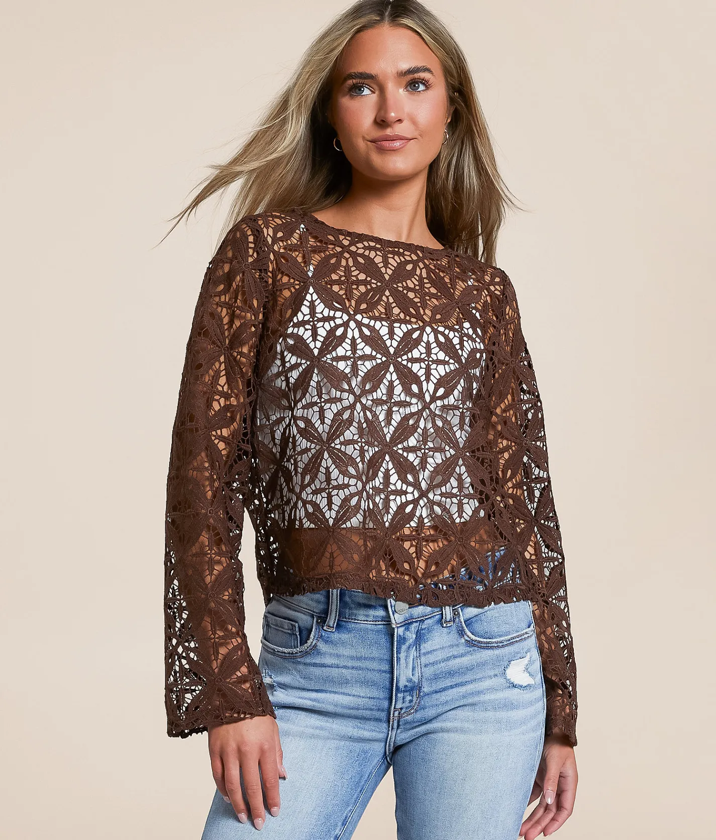 Tops | Willow & Root Crochet Sweater Brown