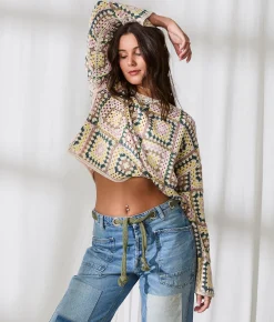 33 Coastal Crochet Sweater Multi Colored Clearance