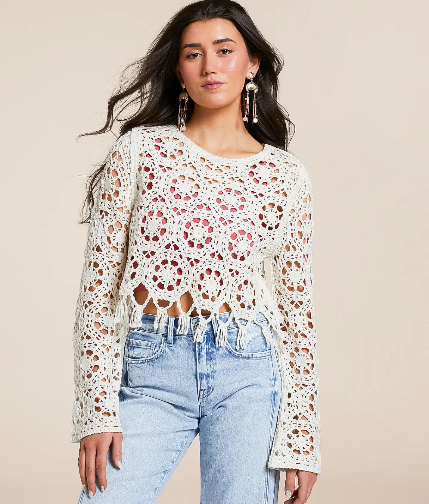Tops | Willow & Root Crochet Sweater Cream