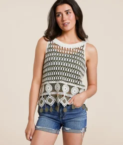 Daytrip Crochet Sweater Knit Tank Top Cream Sage