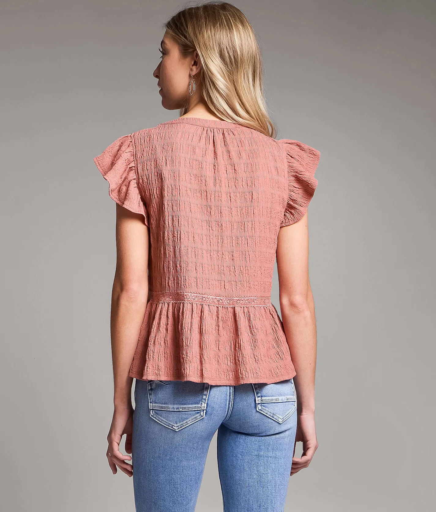 Tops | BKE Crochet Trim Ruffle Top Dusty Rose