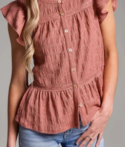 Tops | BKE Crochet Trim Ruffle Top Dusty Rose