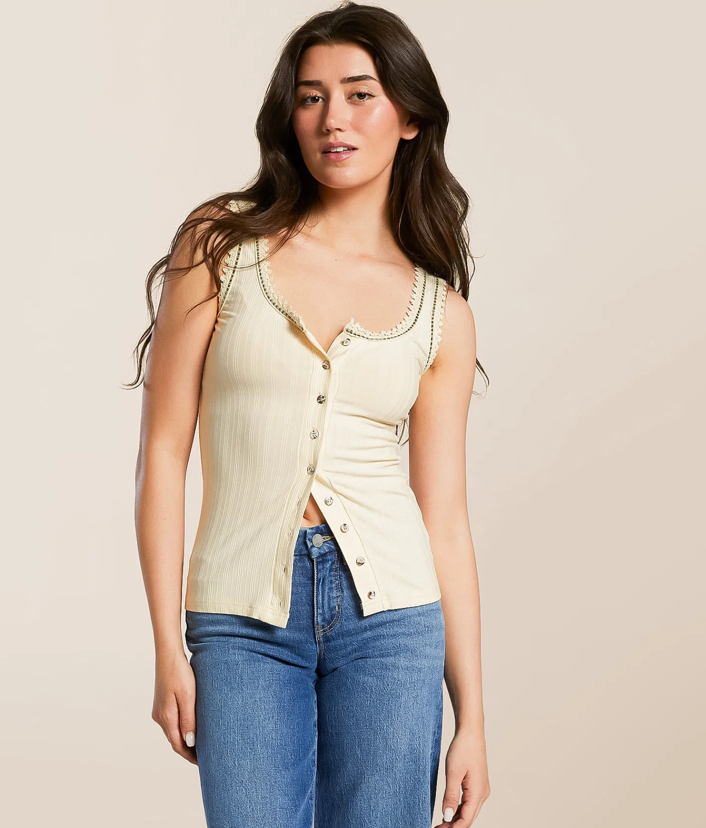 Tops | Miss Me Crochet Trim Tank Top Cream